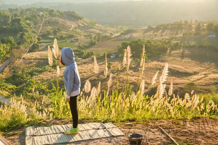 Phetchabun, Thailand - January, 22, 2017 : Tourist Camping on the hill with sunshine in the sunrise at Takhian Ngoa Mountain Phetchabun, Thailand.Natural summer landscape.のeditorial素材
