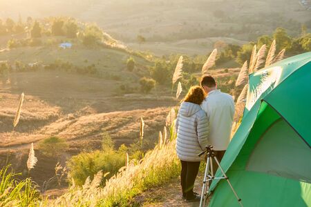 Phetchabun, Thailand - January, 22, 2017 : Tourist Camping on the hill with sunshine in the sunrise at Takhian Ngoa Mountain Phetchabun, Thailand.Natural summer landscape.のeditorial素材