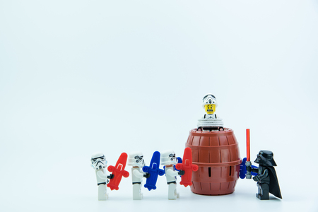 Nonthaburi, Thailand-March,07,2017:Lego star wars stormtrooper playing pirate barrel toy with a small plastic knife inserted into the barrel only one button to make the doll bounce out of the barrel.のeditorial素材