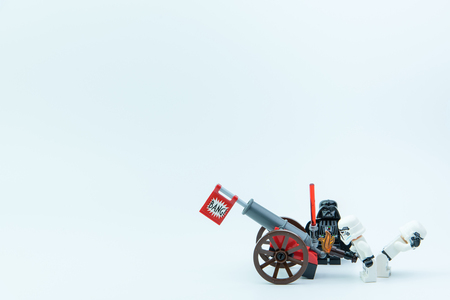 Nonthaburi, Thailand - March, 07, 2017 : Lego star wars stormtrooper was shooting cannon fire on isolated on white background.のeditorial素材