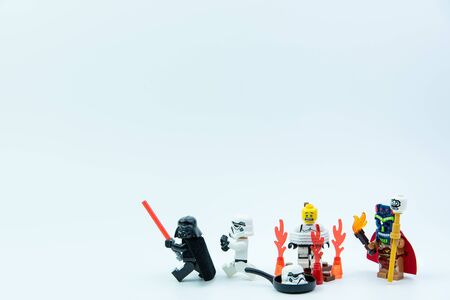 Nonthaburi, Thailand - March, 07, 2017 : Lego star wars stormtrooper was the tribe caught the bundle burn on fire to sacrifice isolated on white background.のeditorial素材