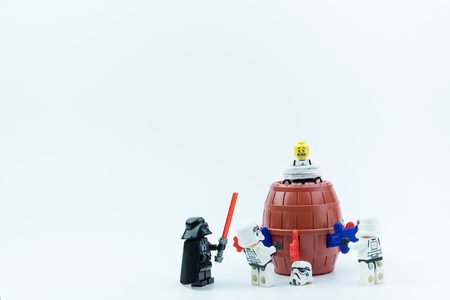 Nonthaburi, Thailand-March,07,2017:Lego star wars stormtrooper playing pirate barrel toy with a small plastic knife inserted into the barrel only one button to make the doll bounce out of the barrel.のeditorial素材