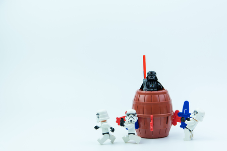 Nonthaburi, Thailand-March,07,2017:Lego star wars stormtrooper playing pirate barrel toy with a small plastic knife inserted into the barrel only one button to make the doll bounce out of the barrel.のeditorial素材