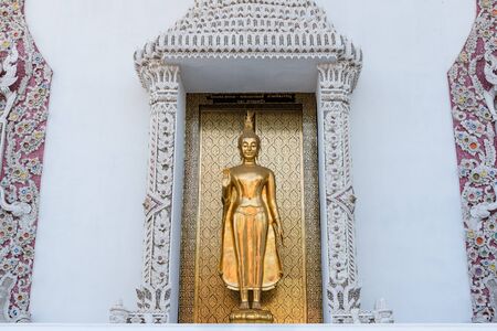 Ayutthaya, Thailand - March, 11, 2017 : Standing golden buddha statue in front of the church at Wat cheing len temple Thailandのeditorial素材