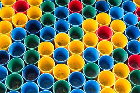 Top view of primary colors of mix color cups for artist paintingの写真素材