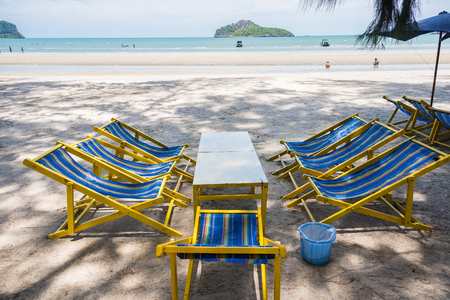 Prachuap Khiri Khan, Thailand - April, 18, 2017 : Sun umbrellas in the warm sandy beach of the tourist at Lime bay in Thongchai Sub district, Bangsapan District, Prachuap Khiri Khan, Thailandのeditorial素材