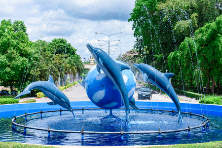 Prachuap Khiri Khan, Thailand - April, 18, 2017 : The dolphin fountain in front the aquarium at Waghor Aquarium Thongchai Sub district, Bangsapan District, Prachuap Khiri Khan, Thailandのeditorial素材