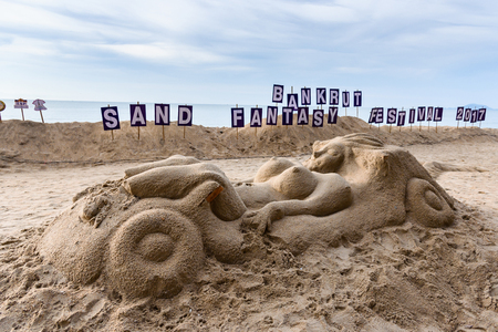 Prachuap Khiri Khan, Thailand - April, 18, 2017 : Sand sculpture on the Baan Grood sand beach at Prachuap Khiri Khan, Thailandのeditorial素材