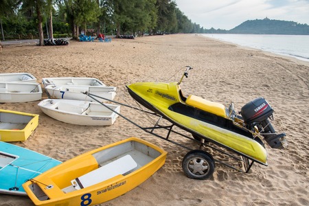 Prachuap Khiri Khan, Thailand - April, 18, 2017 : Small boats and Jet Ski on the beach at Prachuap Khiri Khan, Thailand.のeditorial素材
