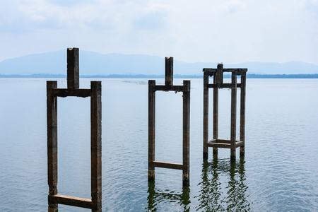 Column of cement poles in Bang Phra Reservoir at Chon Buri, Thailandの写真素材