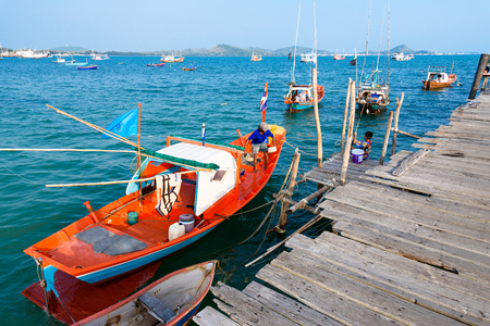Chon Buri, Thailand - April, 27, 2017 : Fishing boat floating in the sea at Sattahip, Chon Buri, Thailand.のeditorial素材