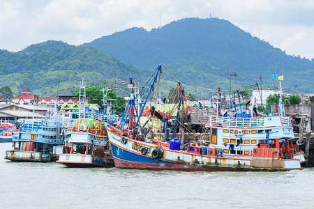 Rayong, Thailand - April, 28, 2017 : Thailand fishing boat at dock on the sea at Rayong, Thailandのeditorial素材
