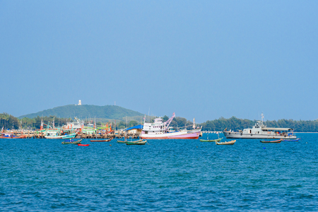 Chon Buri, Thailand - April, 27, 2017 : Fishing boat floating in the sea at Sattahip, Chon Buri, Thailand.のeditorial素材