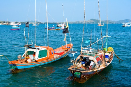 Chon Buri, Thailand - April, 27, 2017 : Fishing boat floating in the sea at Sattahip, Chon Buri, Thailand.のeditorial素材