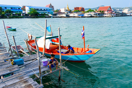 Chon Buri, Thailand - April, 27, 2017 : Fishing boat floating in the sea at Sattahip, Chon Buri, Thailand.のeditorial素材
