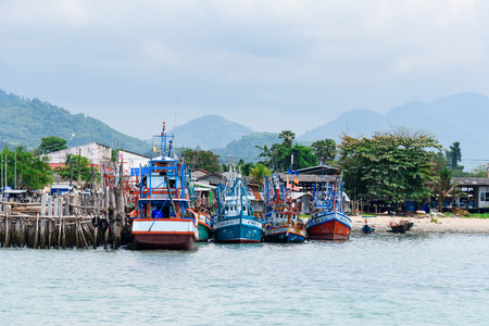 Rayong, Thailand - April, 28, 2017 : Thailand fishing boat at dock on the sea at Rayong, Thailandのeditorial素材