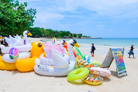 Rayong, Thailand - April, 28, 2017 : Animal figure swim tube on the beach Inflatable animal.Fantasy Swim Ring for Summer sea Trip on the beach at the Koh Samet island, Rayong, Thailandのeditorial素材