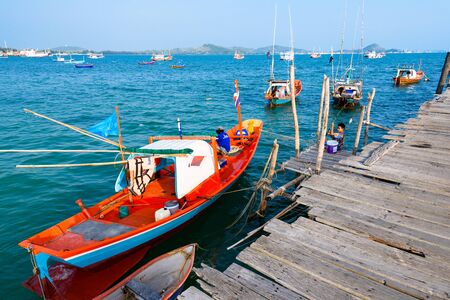 Chon Buri, Thailand - April, 27, 2017 : Fishing boat floating in the sea at Sattahip, Chon Buri, Thailand.のeditorial素材