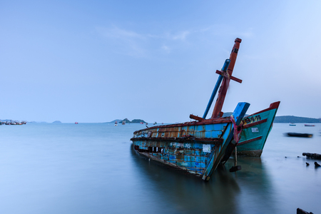 Chon Buri, Thailand - April, 27, 2017 : Long exposure technique of shipwreck or abandoned shipwreck in the sea at Sattahip, Chon Buri, Thailand.のeditorial素材