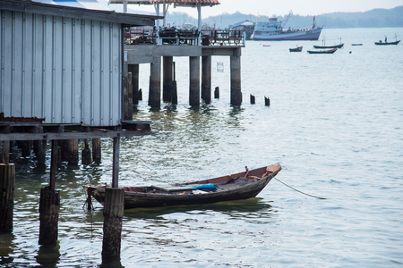 Chon Buri, Thailand - April, 27, 2017 : Fishing boat floating in the sea at Sattahip, Chon Buri, Thailand.のeditorial素材