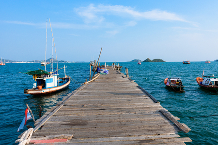 Chon Buri, Thailand - April, 27, 2017 : Fishing boat floating in the sea at Sattahip, Chon Buri, Thailand.のeditorial素材