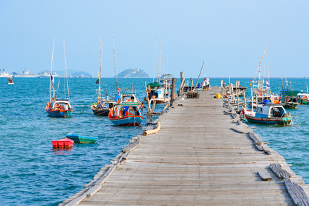 Chon Buri, Thailand - April, 27, 2017 : Fishing boat floating in the sea at Sattahip, Chon Buri, Thailand.のeditorial素材