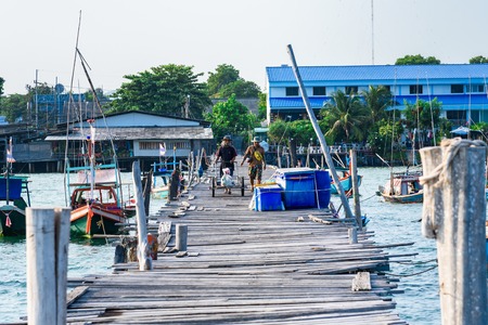 Chon Buri, Thailand - April, 27, 2017 : Fisherman trolley on a jetty to go fishing boat in Sattahip, Chon Buri, Thailandのeditorial素材