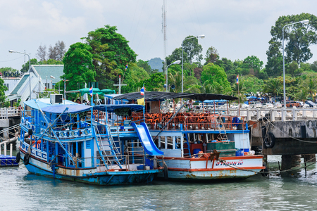 Rayong, Thailand - April, 28, 2017 : Thailand fishing boat at dock on the sea at Rayong, Thailandのeditorial素材