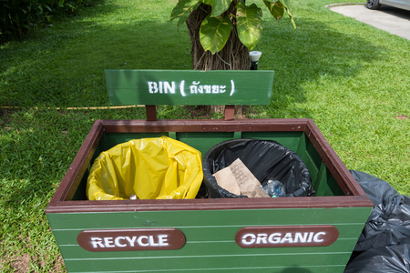 Trat, Thailand - May, 21, 2017 : Buckets for waste sorting in the garden at Klong Prao Resort in...