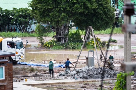 Nonthaburi, Thailand - June, 08, 2017 : Piling works machine in construction site at Wat Borom Raja...