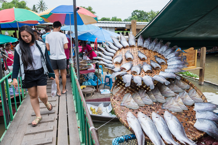 Bangkok, Thailand - June, 11, 2017 : Dried salted fish in Taling Chan Floating Markett at Bangkok, Thailand.のeditorial素材