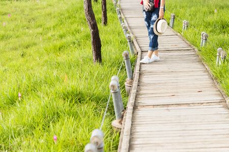 Chaiyaphum, Thailand - July, 01, 2017 : Unidentified name tourist visiting the big green field of Siam Tulip. A large green meadow on top of Thailand at Chaiyaphum, Thailandのeditorial素材