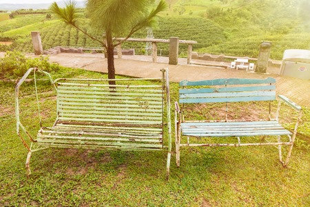 Chair steel on the lawn in thailandの写真素材