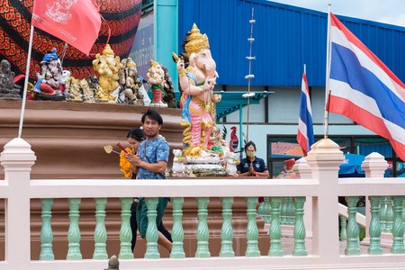 Nakhon Nayok, Thailand - July, 16, 2017 : Unidentified name people worship god blessings form Big Ganesha statue in Ganesha park temple Nakhon Nayok, Thailand.のeditorial素材
