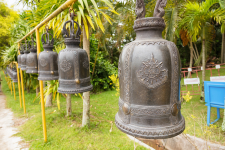 Phetchabun, Thailand - July, 15, 2017 : A line of Temple bell for buddhist to worship at kanchana pisek grand pagoda in Khao Kho Phetchabun Thailand.のeditorial素材