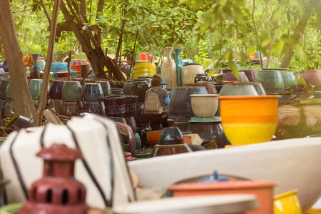 Ratchaburi, Thailand - July, 23, 2017 : Colorful ceramic and outdoor display of a Tao Hong Tai...