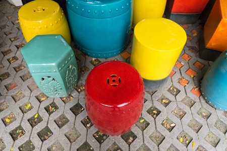 Ratchaburi, Thailand - July, 23, 2017 : Colorful ceramic and outdoor display of a Tao Hong Tai...