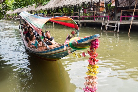 Bangkok, Thailand - July, 30, 2017 : Unidentified name foreign tourists visiting by boat in Khlong Lat Mayom Floating Market Bangkok, Thailand.のeditorial素材