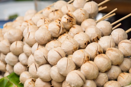 Grilled Meatballs in street market.Thailandの写真素材