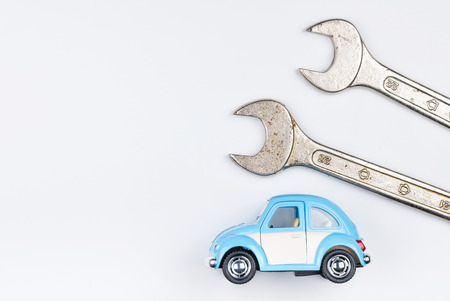Nonthaburi, Thailand - September, 08, 2017 : Volkswagen Toy car and car repair tools on white background, Nonthaburi, Thailandのeditorial素材