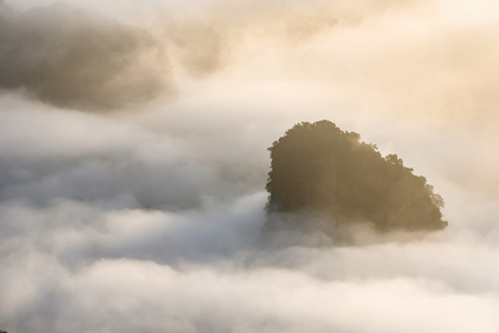 Landscape of misty mountains at the sunrise in Phayao province, Phu Lanka mountain hills, North of Thailandの写真素材