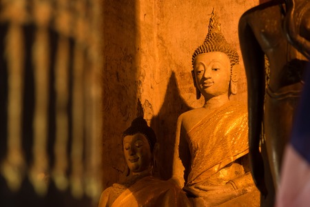 Nan, Thailand - September, 23, 2017 : Golden buddha statue in church of Wat phrathat chang kham at Nan Province, Thailandのeditorial素材