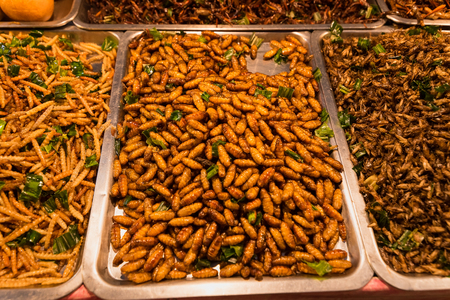 Fried bugs at street market in thailand,Bugs fried in banana leaf with spicy taste-junk food in thailand street marketの写真素材