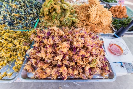 Deep fried various vegetables and flowers selling as food on Koh Kret island Thailandの写真素材