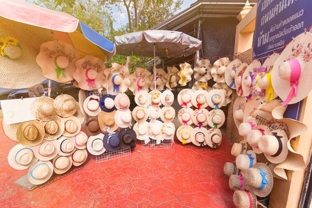 Nonthaburi, Thailand - December, 17, 2017 : Hat variety shop at Ferry Pier go to Koh Kret Nonthaburi, Thailandのeditorial素材