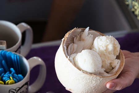 Coconut ice cream. Sweet coconut ice cream in the fresh coconut and plastic spoon.