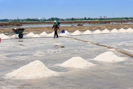 Samutsakhon,Thailand - March, 24, 2018 : Unidentified name workers picking up, collecting the salt, in big salt fields, manual labour, organic agriculture, very hard job at Samutsakhon,Thailandのeditorial素材