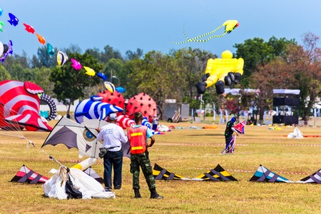 Prachuab Khirikhan, Thailand - March, 25, 2018 : Various colorful kites flying in the sky during a kite festival at Prachuab Khirikhan, Thailandのeditorial素材
