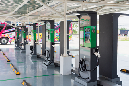 Bangkok,Thailand - March, 24, 2018 : New charging station for electric car in the food court at Bangkok,Thailandのeditorial素材