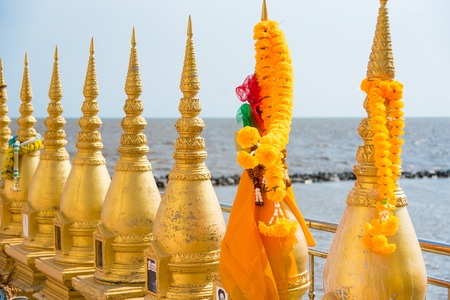 Chachoengsao, Thailand - April, 15, 2018 : Ornate golden receptacles, for the ashes of deceased Buddhists at Wat Hong Thong Chachoengsao, Thailandのeditorial素材